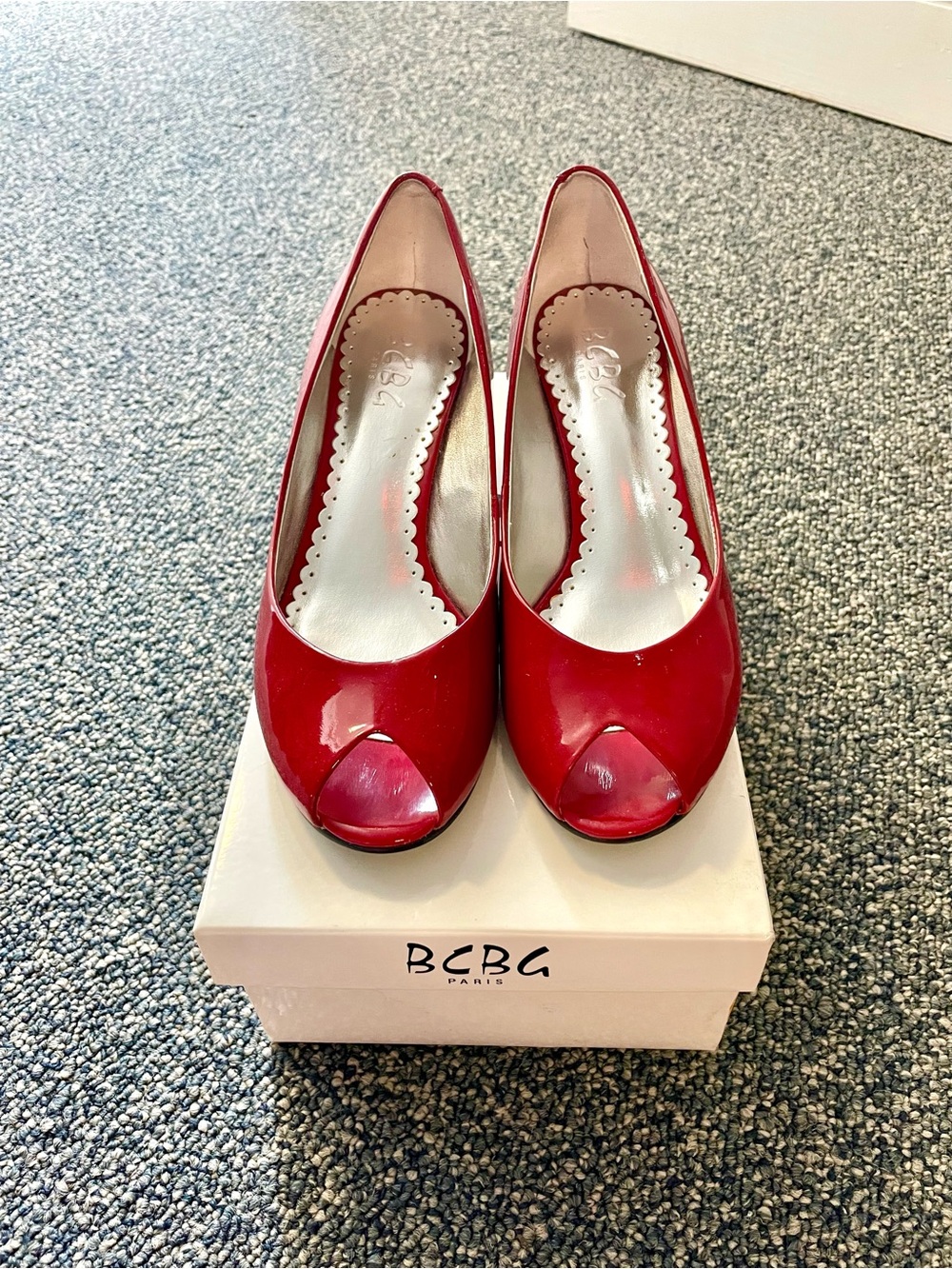 BCBG Red Patent Peep-Toe Heels